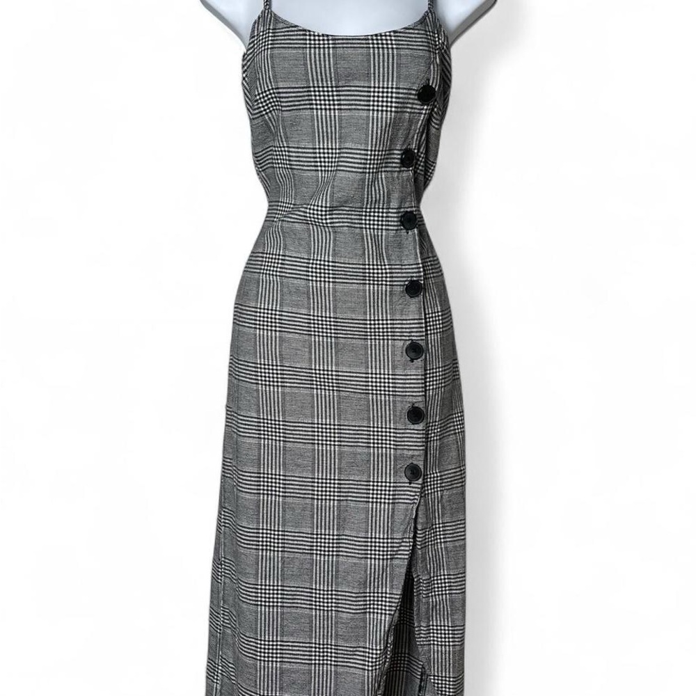 Mango Plaid Black and White Button-Front Midi Dress
